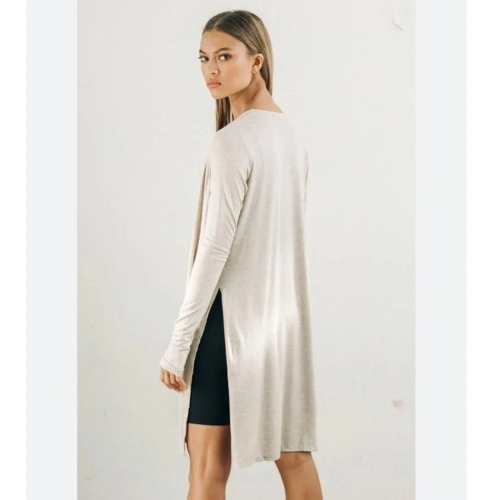 Joah Brown Cardigan Luna Duster Side Slit Ribbed in Oatmeal Cream